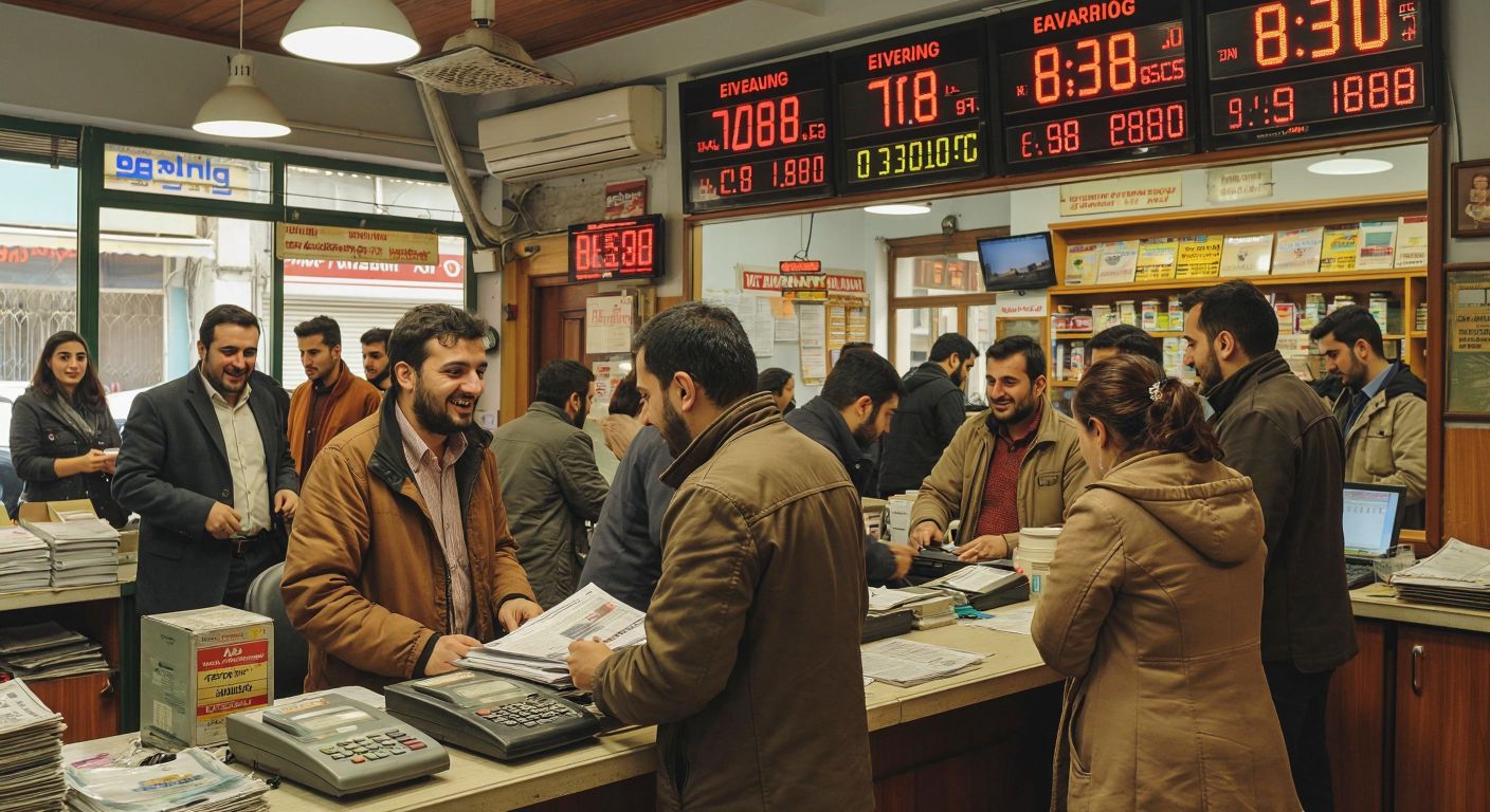 A bustling currency exchange office in Turkey with a mix of customers—some smiling as they receive service from friendly staff, while others frown at unfavorable exchange rates displayed on a board.