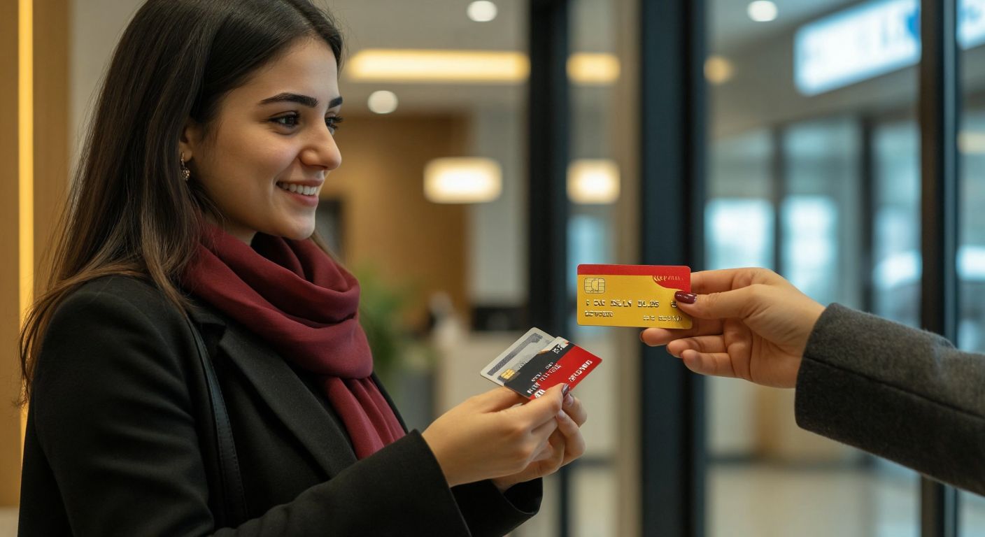 A Turkish woman in a modern bank setting holds a primary credit card while handing a secondary card to a family member, both cards connected by a transparent, unbroken chain symbolizing shared limits.