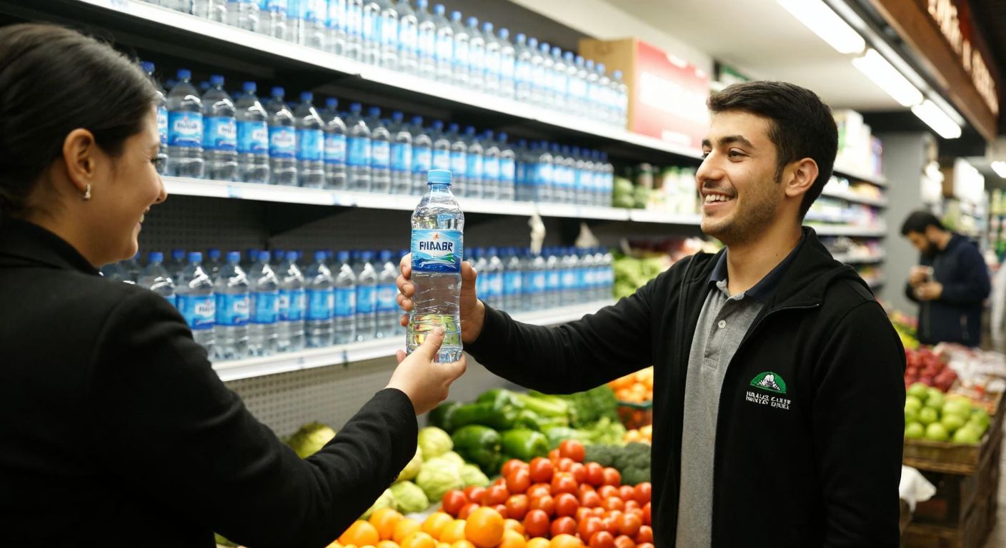 A cheerful vendor in a bustling Ankara market hands a cold bottle of Pınar Su to a smiling customer, with shelves of bottled water and fresh produce in the background.