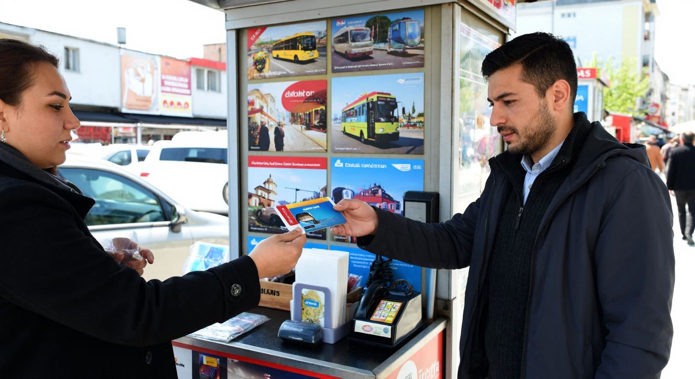 A person in a bustling Turkish city hands over an Elkart to a vendor at a small kiosk adorned with colorful transportation posters, while another person nearby taps their phone against the card with a focused expression.