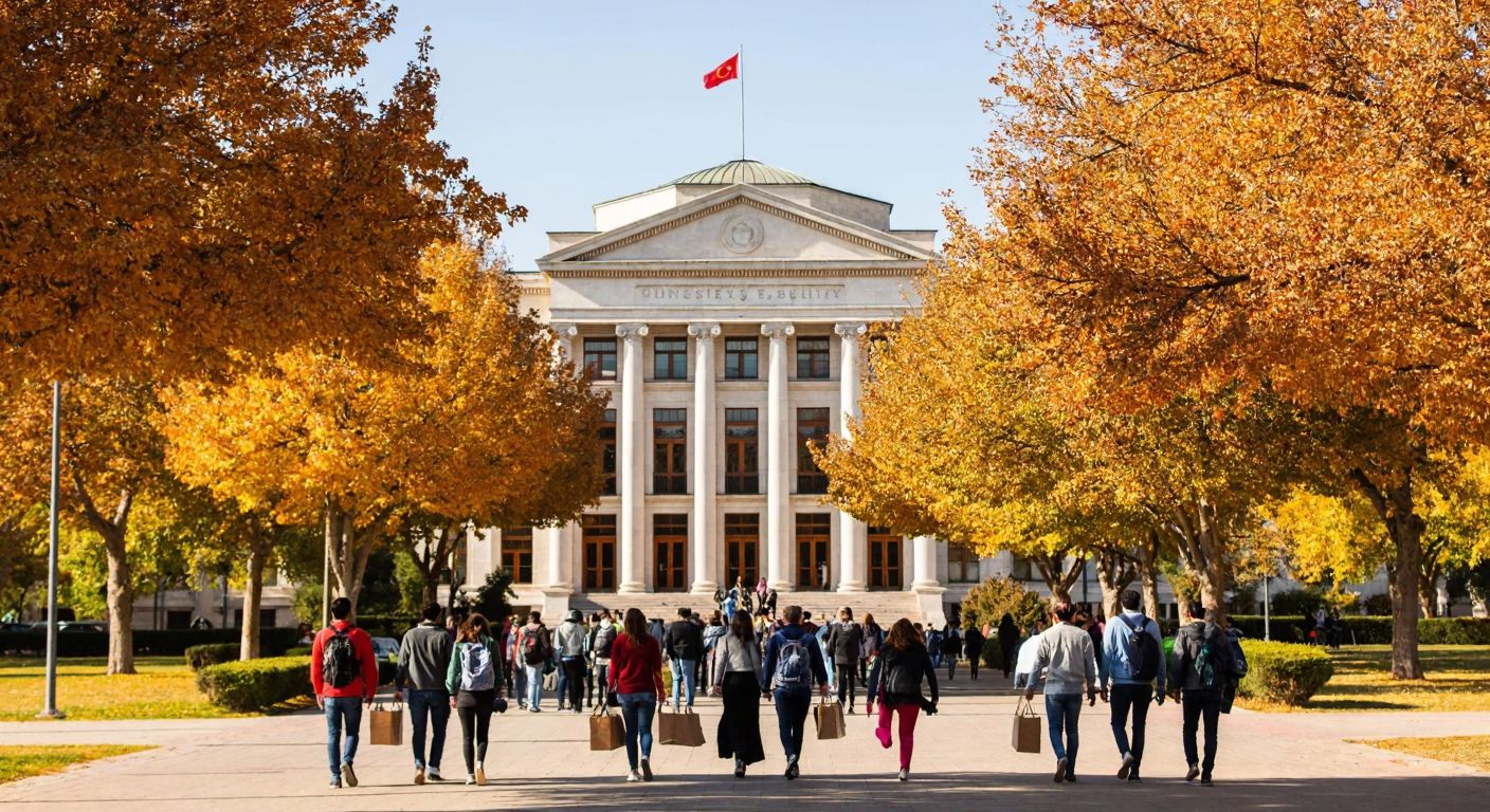 A grand university building with students carrying art supplies, framed by autumn trees in Ankara, evoking a sense of academic pride and creativity.