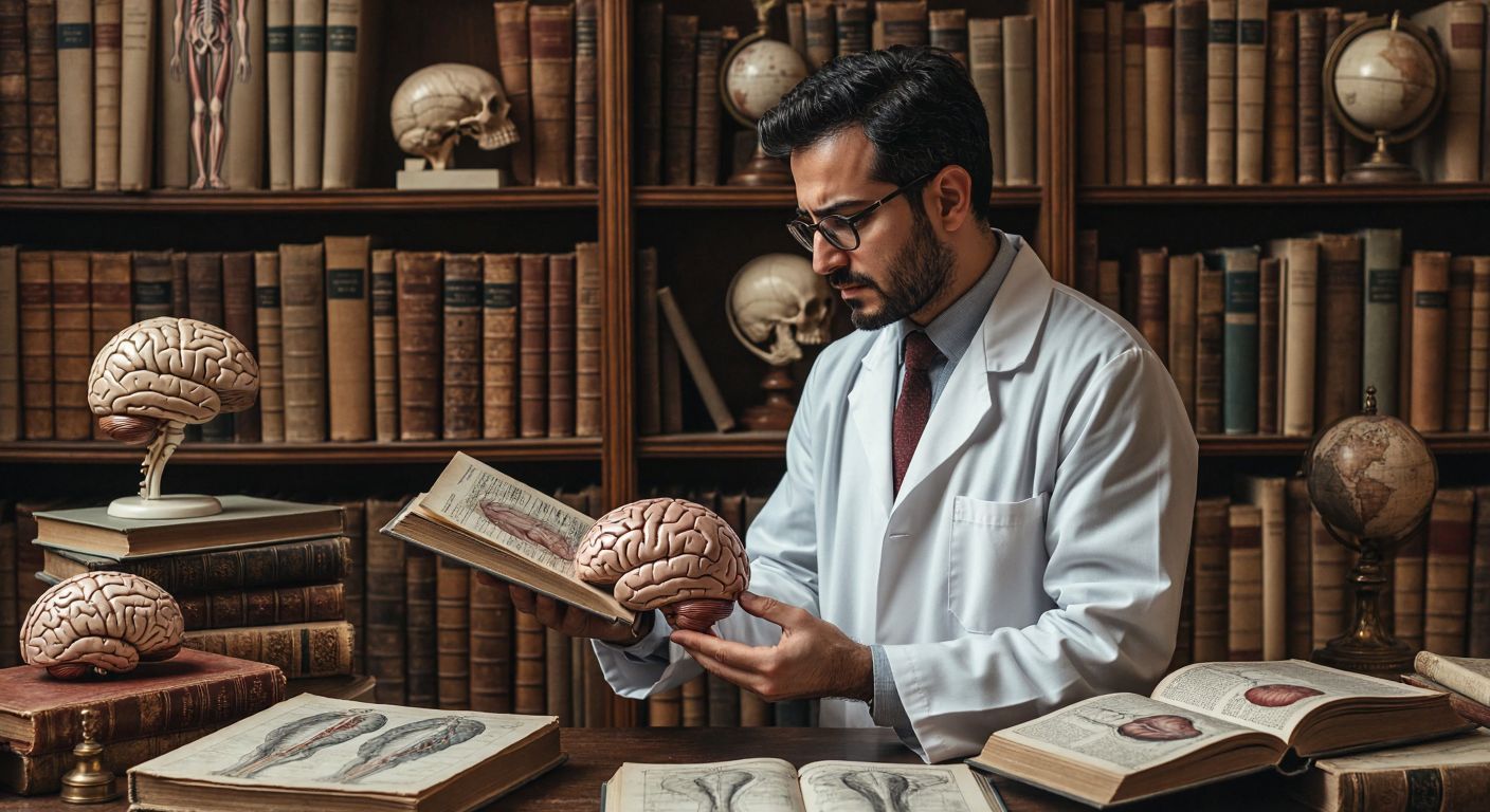 A thoughtful Turkish neuroscientist in a lab coat examines a brain model split into three distinct sections, surrounded by vintage medical books and anatomical sketches.
