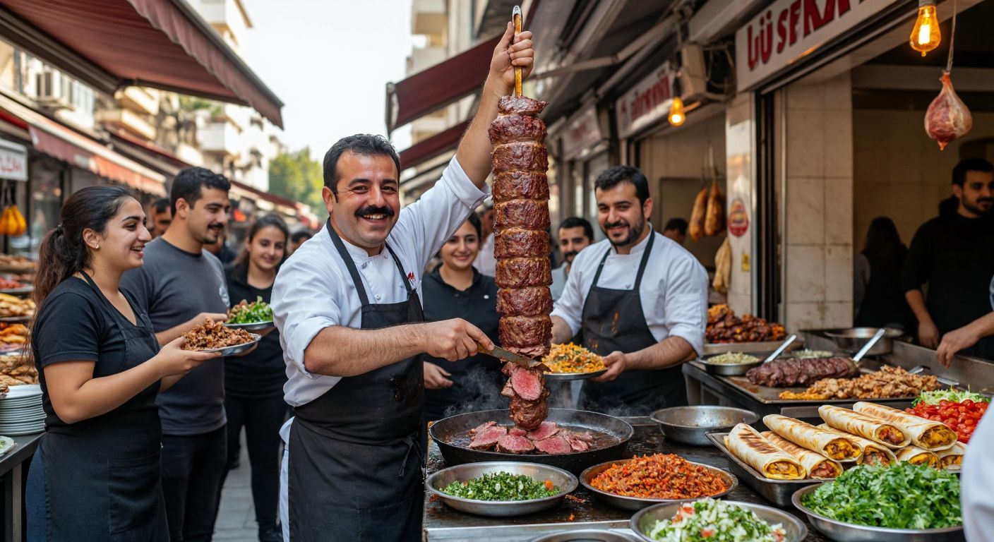 A bustling street-side döner shop in İskenderun, with a mustachioed chef (Yusuf Usta) expertly slicing juicy meat from a vertical spit, surrounded by smiling customers holding plates of golden dürüm and fresh salads, while the aroma of spices fills the air.