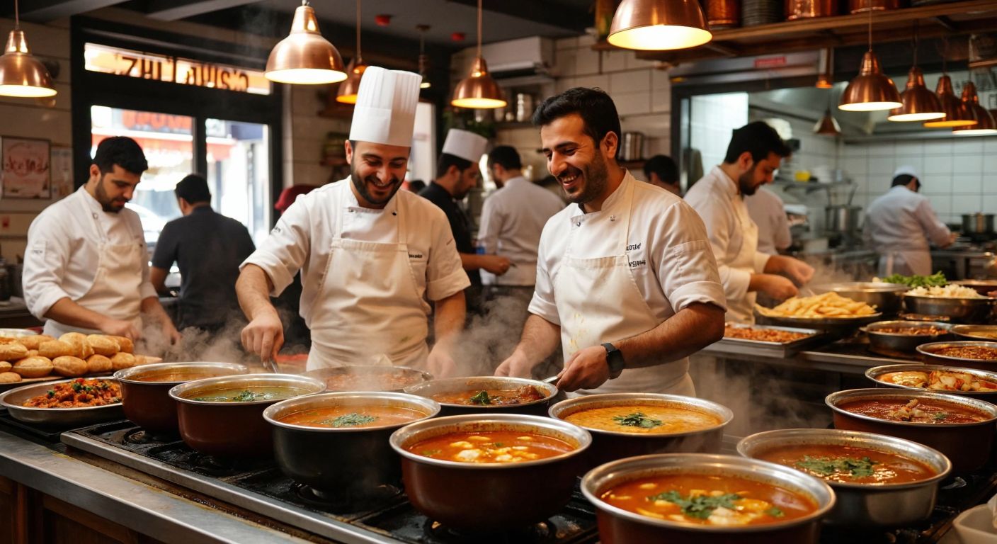 A warm, bustling Ankara eatery with steaming bowls of traditional Turkish soup, smiling chefs in white aprons, and happy customers savoring the rich flavors.