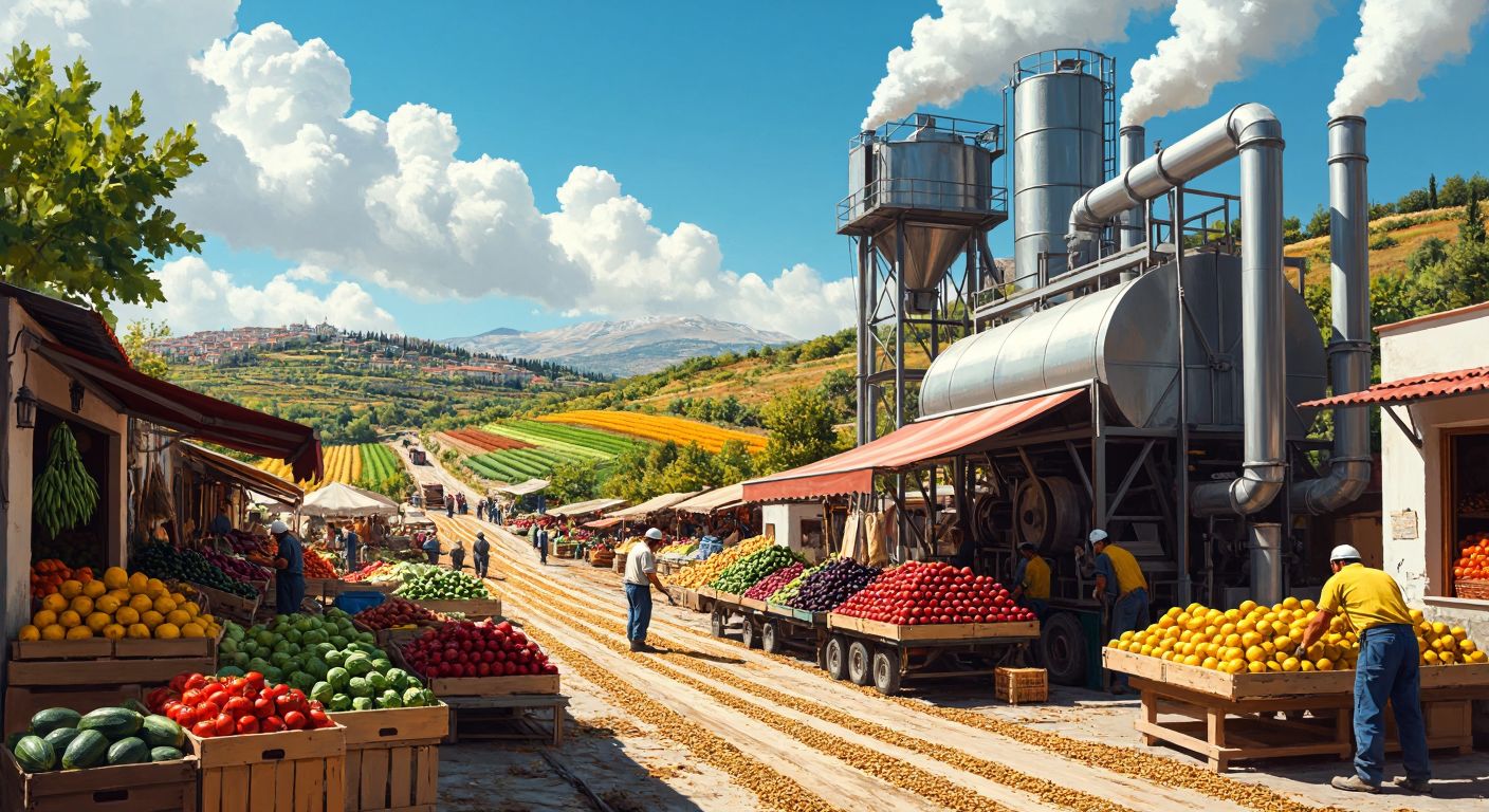 A bustling Turkish marketplace with fresh local produce stacked high, a farmer operating a grain-drying machine in a sunny field, and workers applying insulation to industrial pipes in a factory.