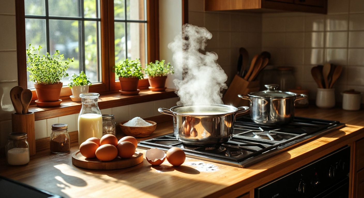A warm Turkish kitchen with a wooden countertop displaying fresh ingredients—milk, eggs, sugar, and vanilla—next to a whisk in a stainless steel bowl, steam rising from a pot of simmering milk on the stove.