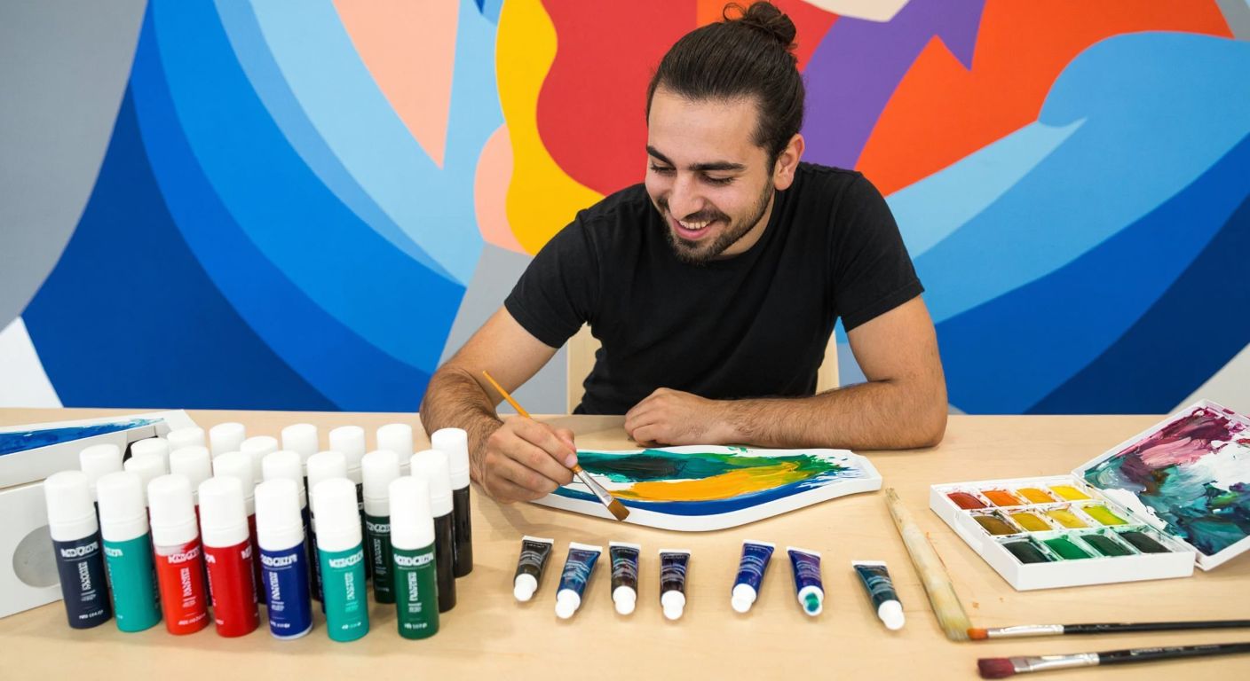 A Turkish artist smiling while painting a vibrant mural with Nova Color acrylic paints, surrounded by neatly arranged tubes of paint and brushes on a wooden table.
