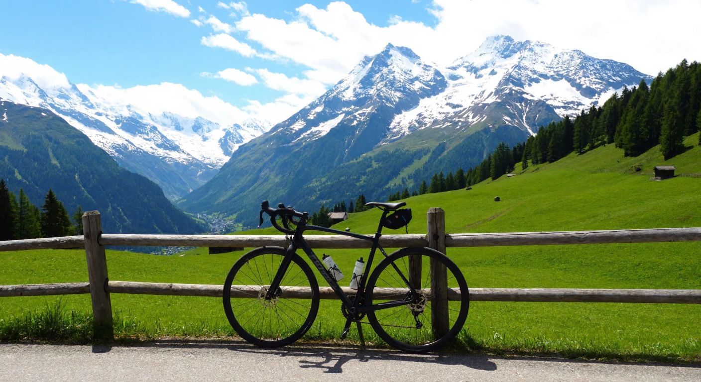 A Swiss alpine landscape with a sleek black bicycle leaning against a wooden fence, surrounded by snow-capped mountains and green meadows.