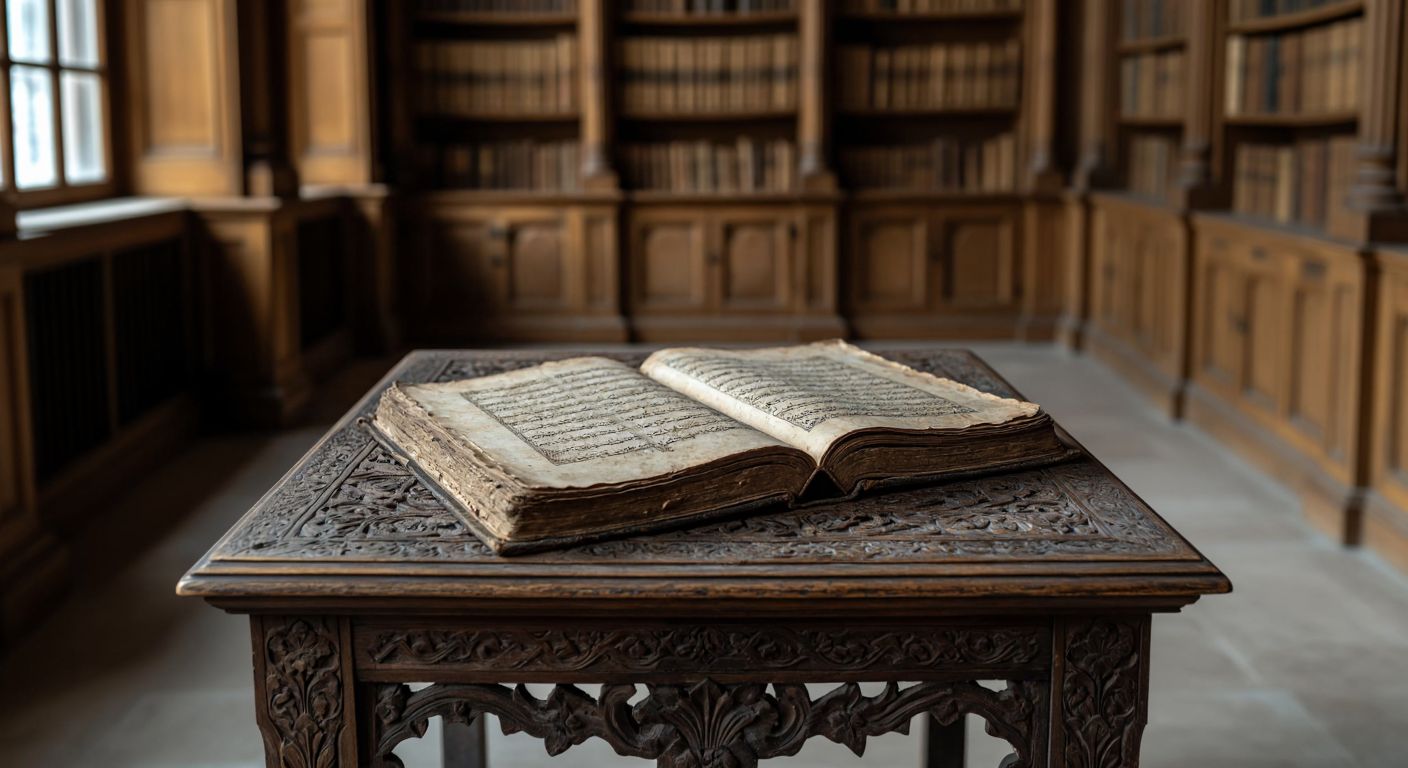 A weathered Ottoman-era manuscript with two distinct sections, one slightly thicker than the other, resting on a carved wooden table in a dimly lit historical library.