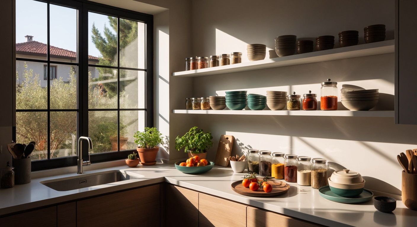 A modern Turkish kitchen with sunlight streaming through the window, illuminating sleek transparent glass shelves displaying colorful ceramic dishes and spices, creating an airy and organized aesthetic.