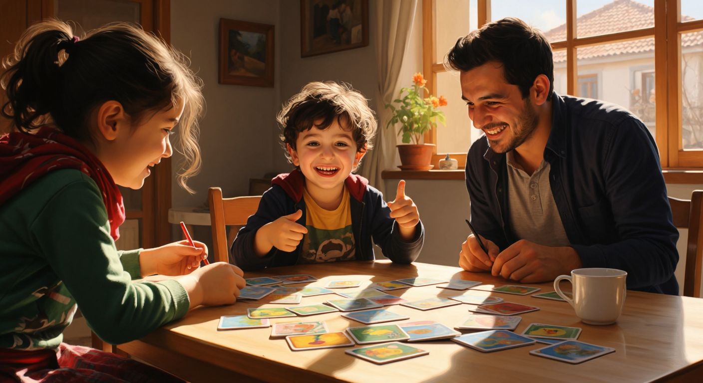 A smiling Turkish child with special needs sits at a sunlit wooden table, pointing excitedly at colorful educational flashcards while a supportive teacher and parent watch warmly nearby.
