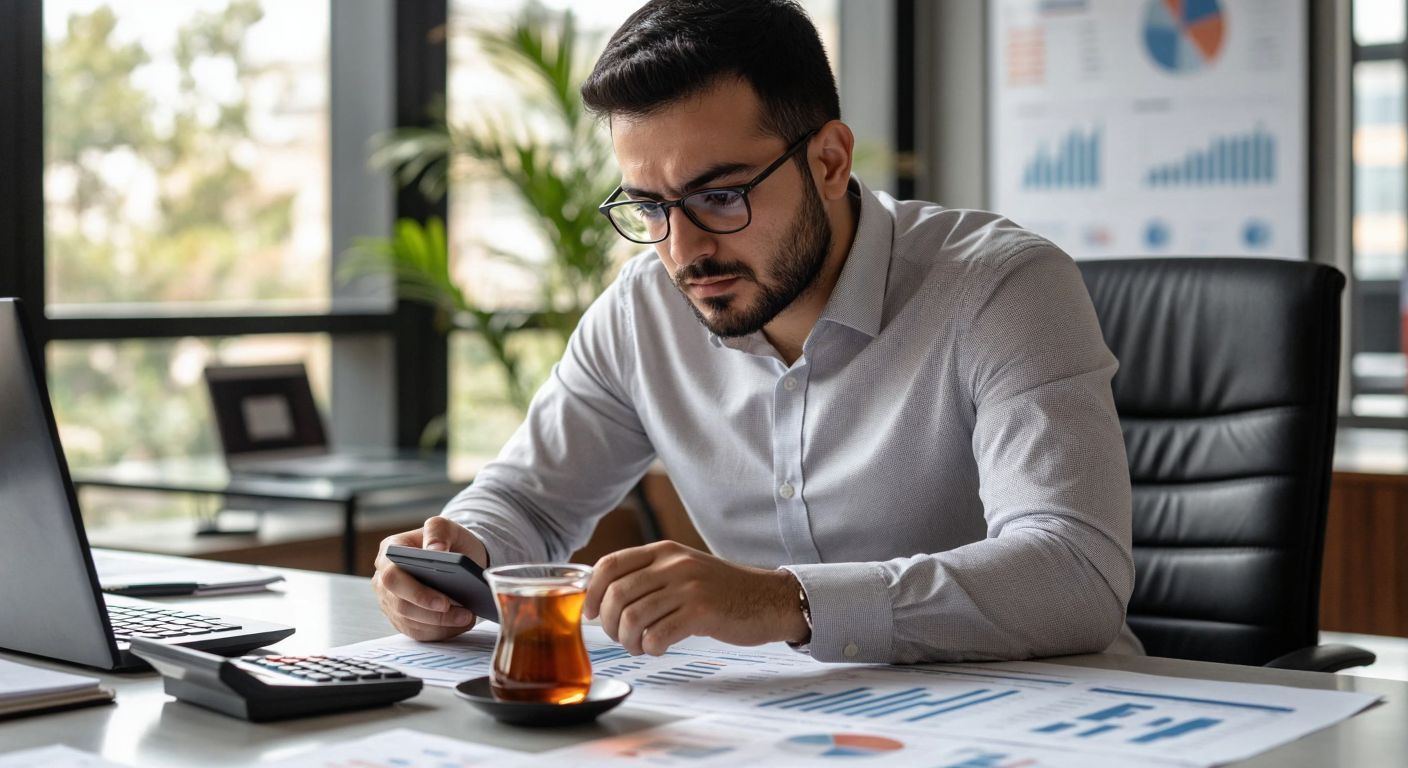 A focused Turkish financial analyst in a modern office, wearing glasses and a crisp shirt, carefully reviews a printed spreadsheet with historical stock data while adjusting a calculator, surrounded by charts and a steaming cup of Turkish tea.