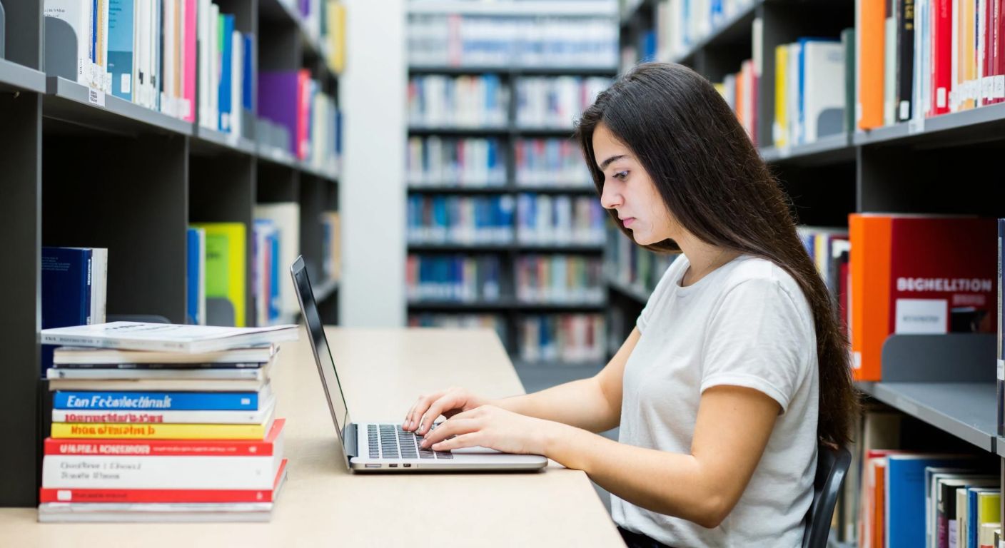 A young Turkish student in a university library, intently browsing a laptop with a stack of engineering textbooks nearby, surrounded by shelves filled with academic materials.