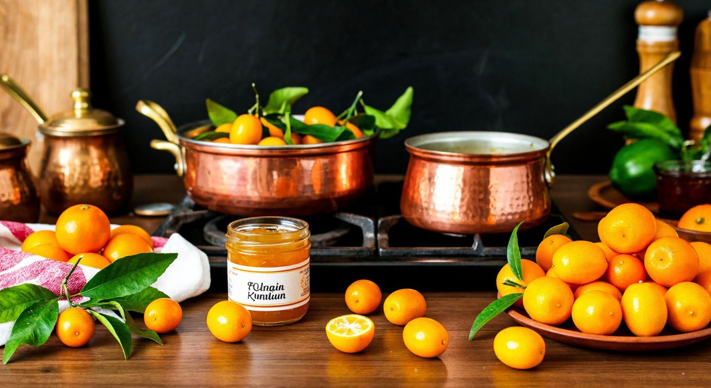 A vibrant Turkish kitchen scene with a wooden table displaying fresh kumquats, a jar of golden kumquat jam, and a traditional copper pot simmering on a stove, surrounded by scattered citrus leaves and a warm, inviting glow.