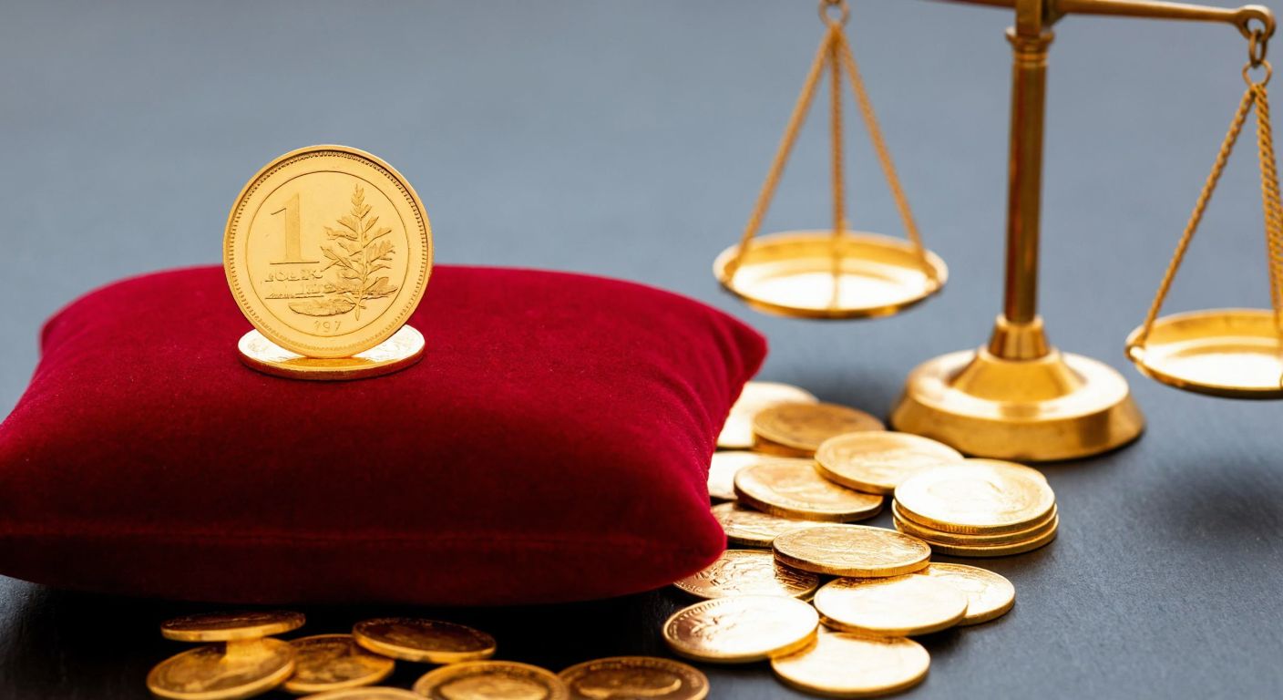 A gleaming gold coin rests on a traditional Turkish red velvet cushion, surrounded by smaller gold pieces and a delicate scale balancing them.