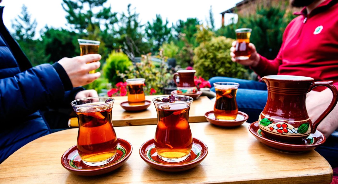A vibrant Turkish tea garden with a group of people enjoying glasses of amber-colored *Pin* cold tea, surrounded by lush greenery and traditional Turkish ceramic cups on small wooden tables.