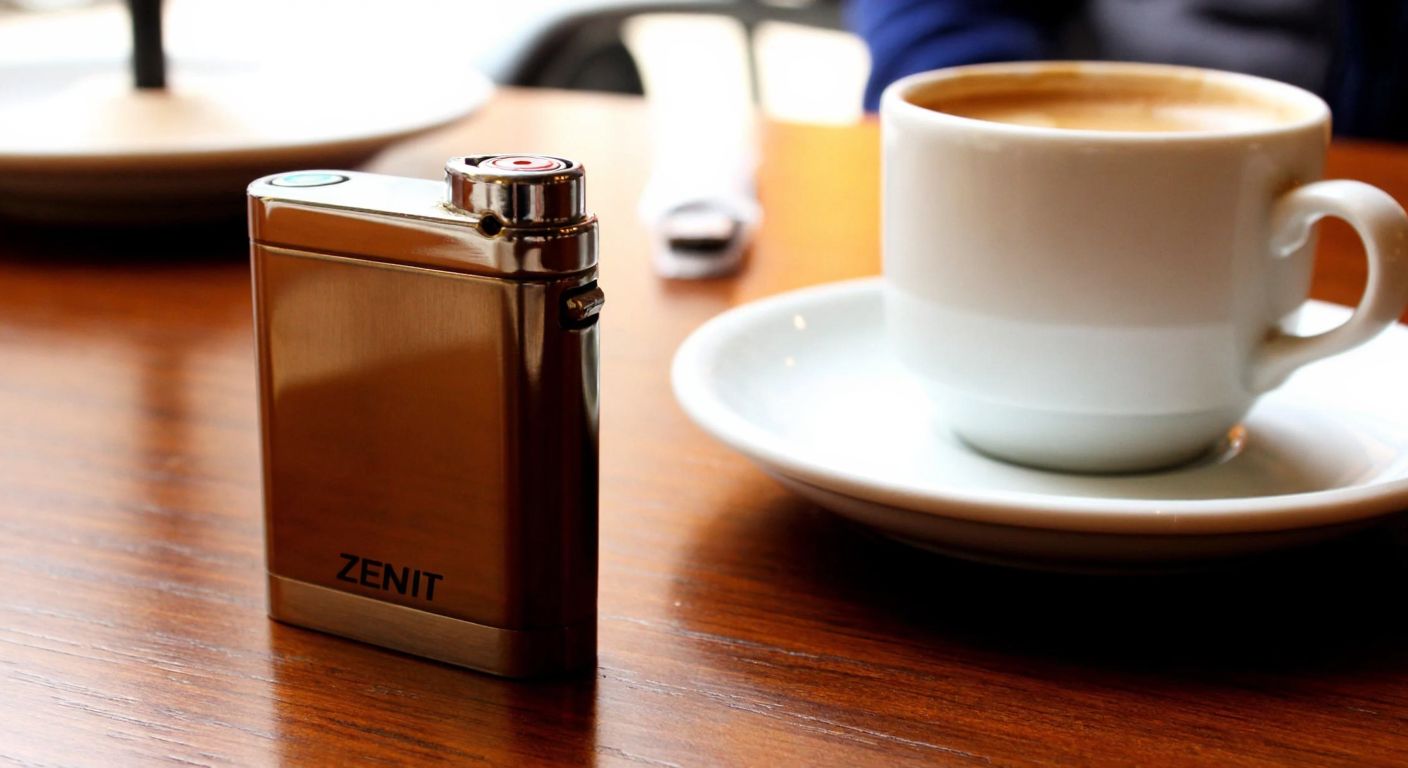 A sleek, metallic Zenit lighter resting on a wooden table in a cozy Turkish café, with a steaming cup of Turkish coffee beside it, reflecting durability and warmth.