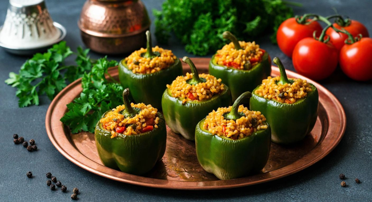 A vibrant Turkish kitchen scene with plump green bell peppers stuffed with golden pilavlık bulgur, resting on a copper tray beside fresh parsley and ripe tomatoes, evoking warmth and tradition.