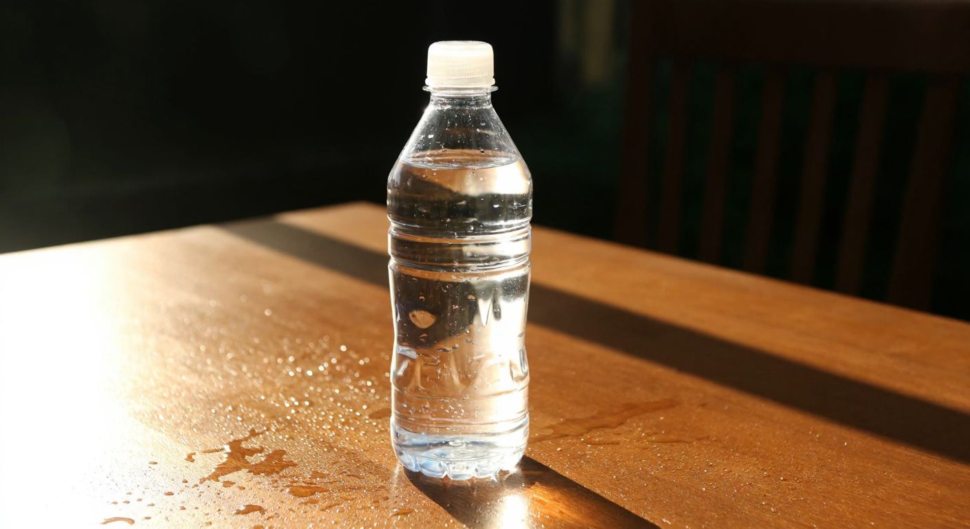 A small, clear plastic water bottle filled with fresh water, standing on a wooden table with sunlight glinting off its surface, surrounded by droplets of condensation.