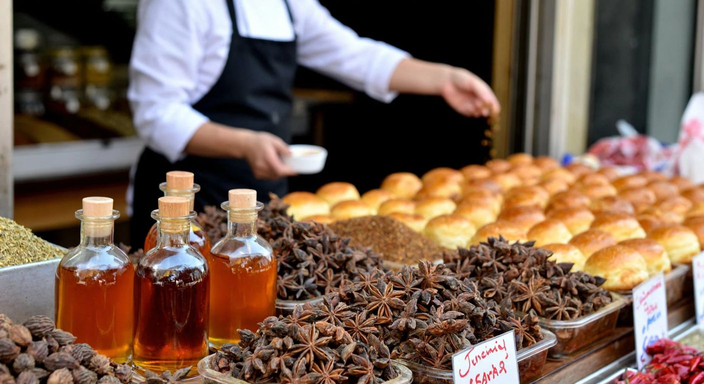 A Turkish spice market stall displays fragrant star anise pods and bottles of amber-colored liquid, with a baker in the background sprinkling the spice onto golden pastries.
