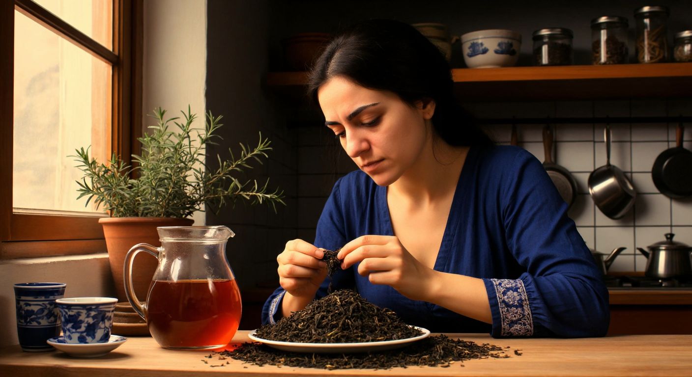A Turkish woman in a cozy kitchen frowns while sniffing a handful of faded, dull tea leaves next to a glass of over-steeped, dark tea.