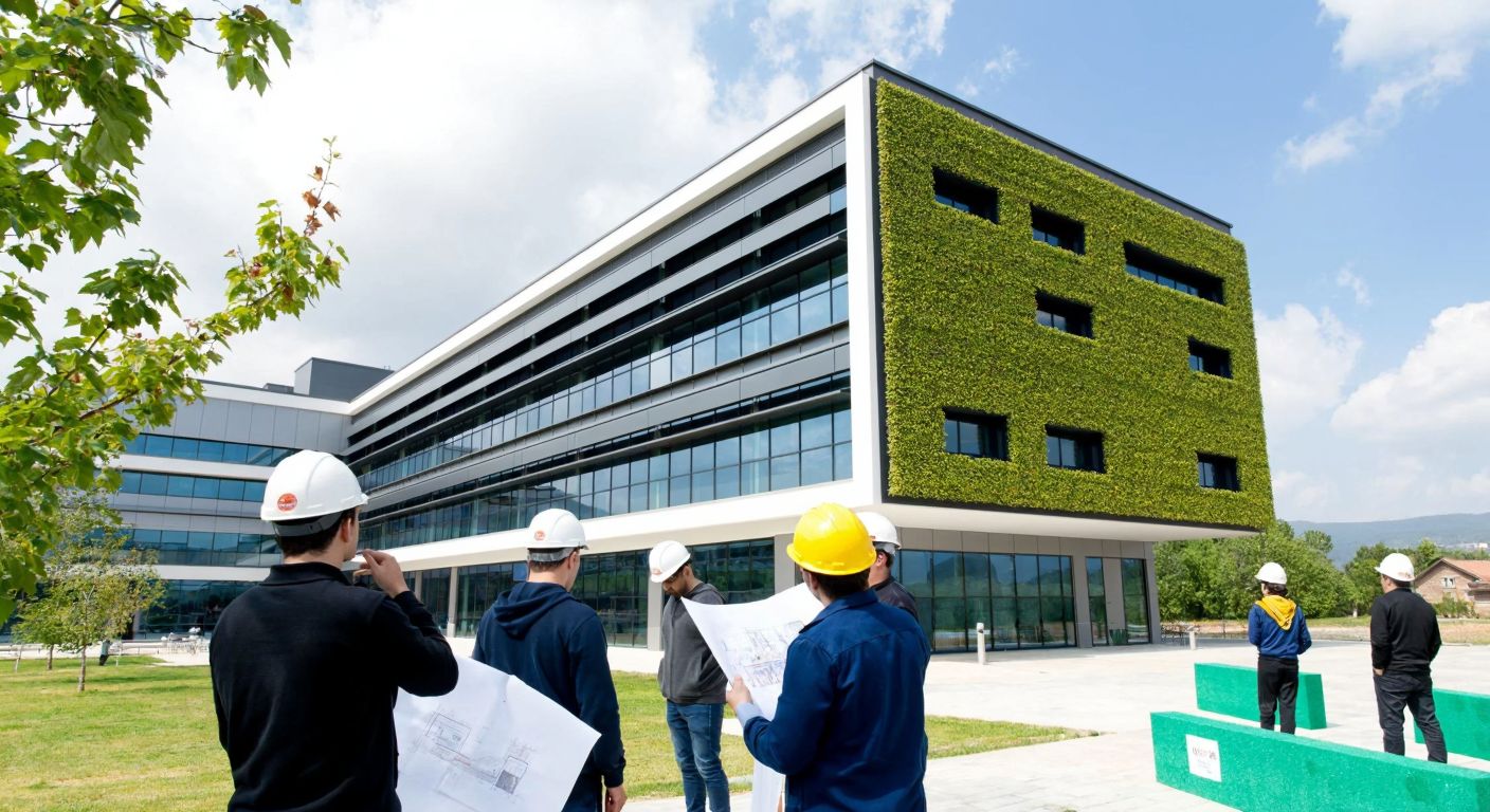 A modern university building in Bursa with sustainable architectural features like solar panels and green walls, surrounded by students in hard hats examining blueprints and eco-friendly construction materials.