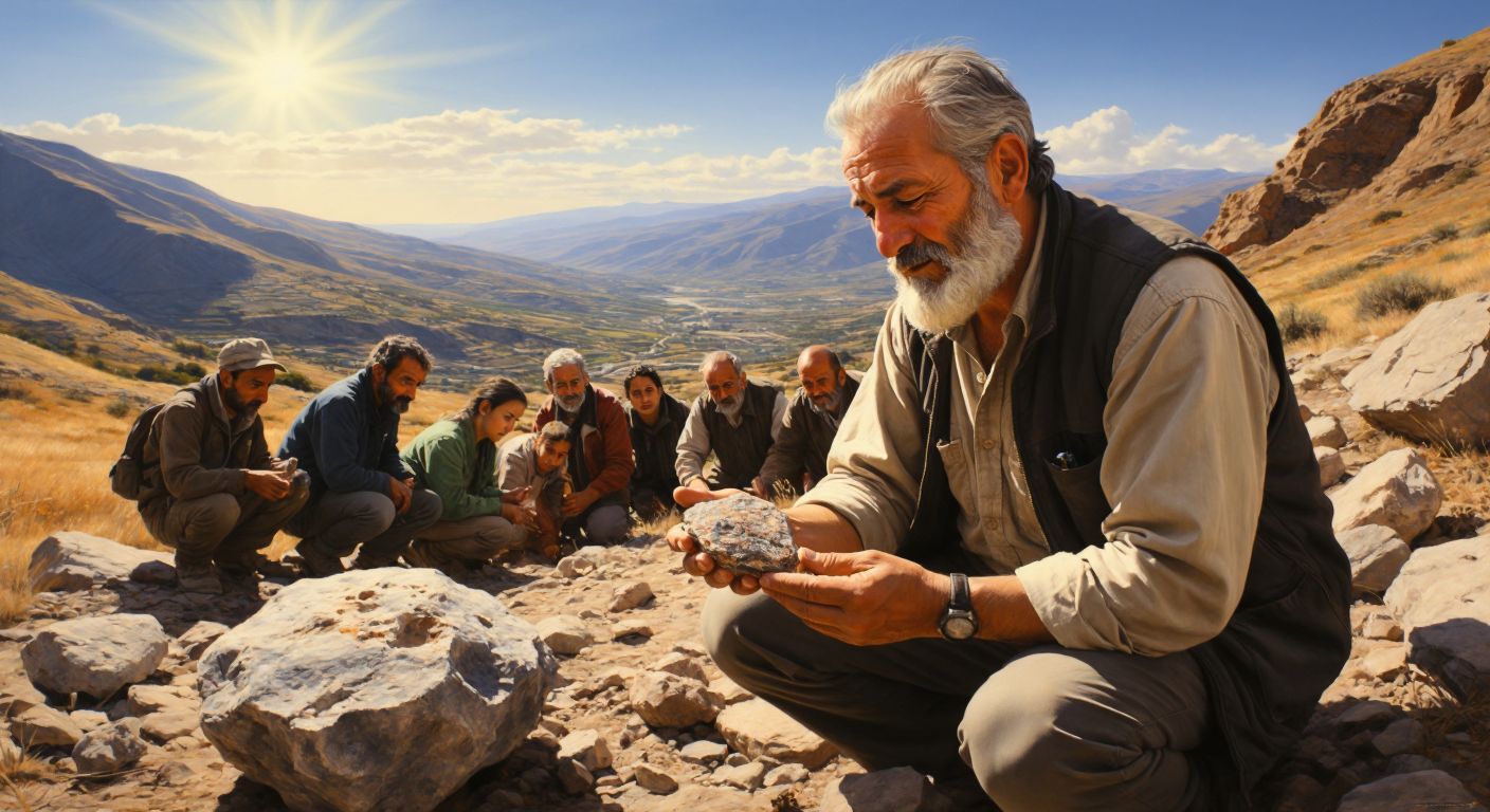 A weathered Turkish geologist in a sunlit rocky field carefully examines a rare fossil stone in their palm, with a small group of curious onlookers peering over their shoulder.