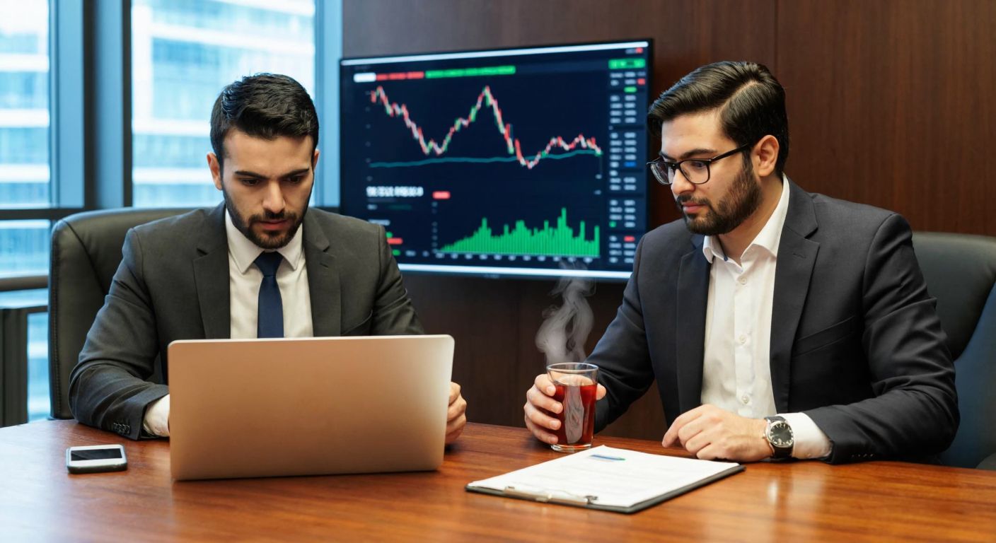 A concerned Turkish investor in a formal suit sits at a wooden desk with a laptop displaying stock charts, holding a cup of steaming çay while a financial advisor in glasses points at a document with a serious expression.