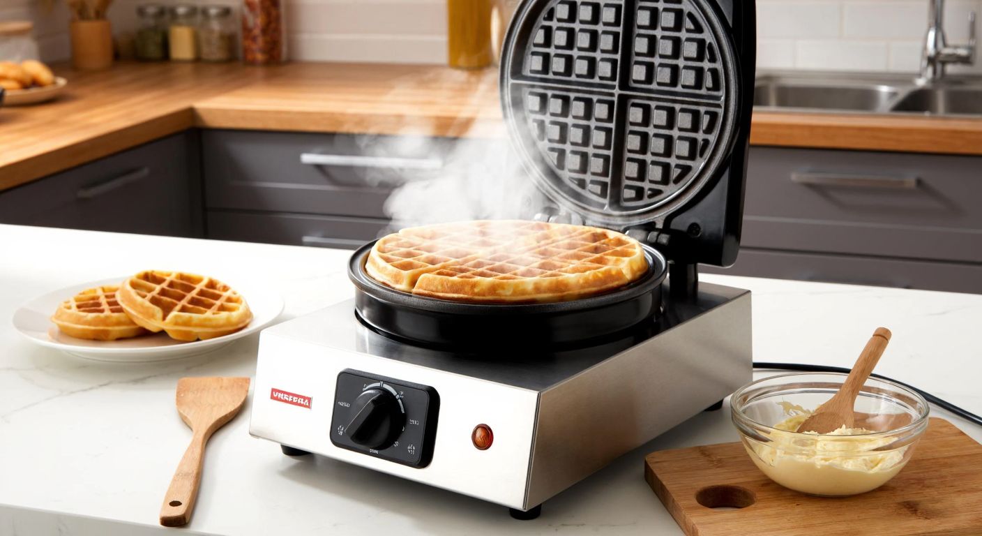 A modern stainless steel waffle maker sits on a Turkish kitchen counter, steam rising from its golden-brown waffles, with a wooden spatula resting beside it and a bowl of batter nearby.