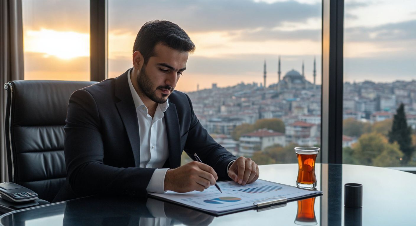 A well-dressed Turkish businessman in a modern office confidently reviews financial charts on a sleek desk, with a glass of çay beside him and a view of Istanbul's skyline through the window.