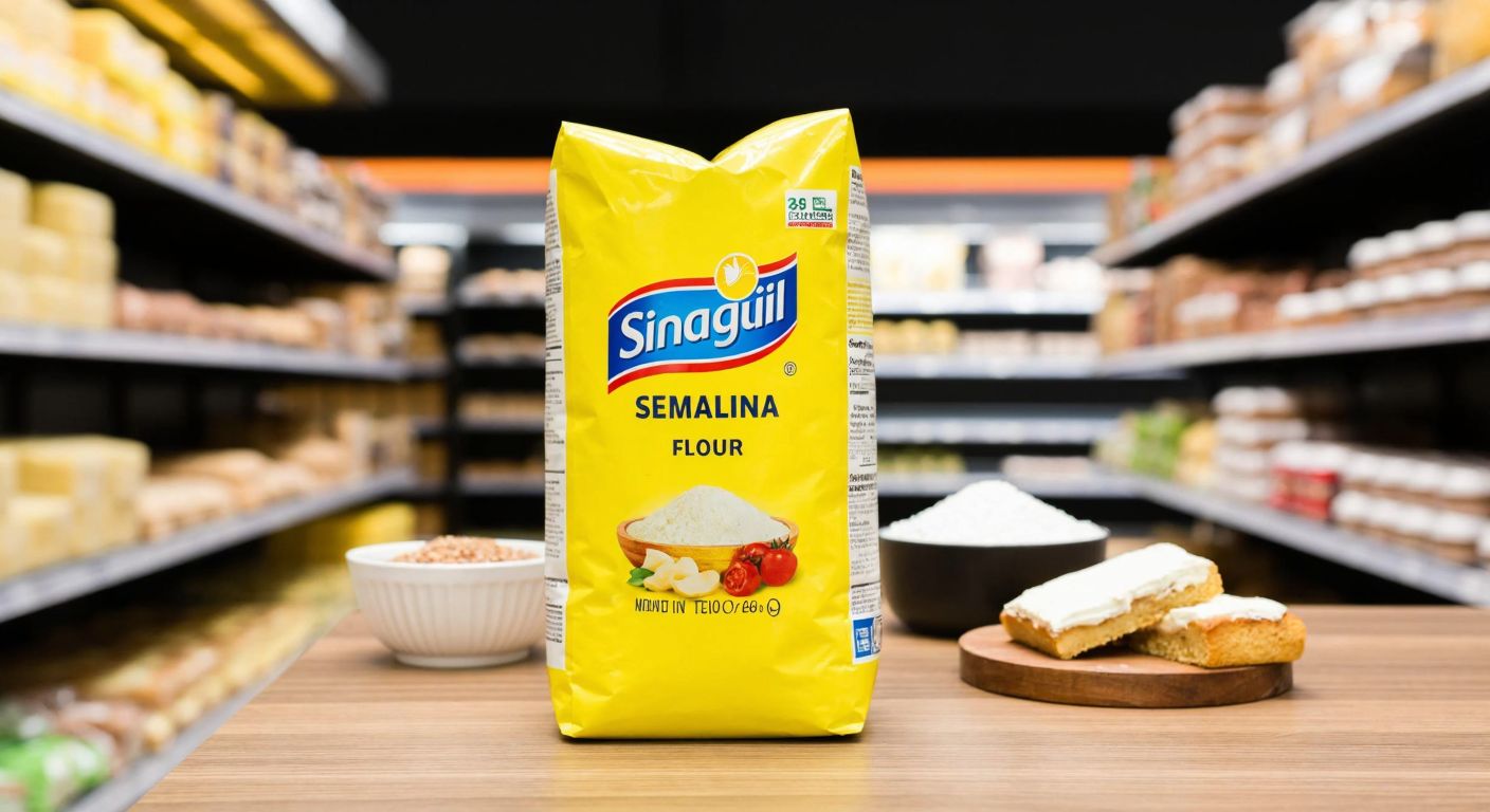 A bright yellow bag of Sinangil-branded semolina flour sits on a wooden table in a Migros supermarket aisle, surrounded by other baking ingredients.