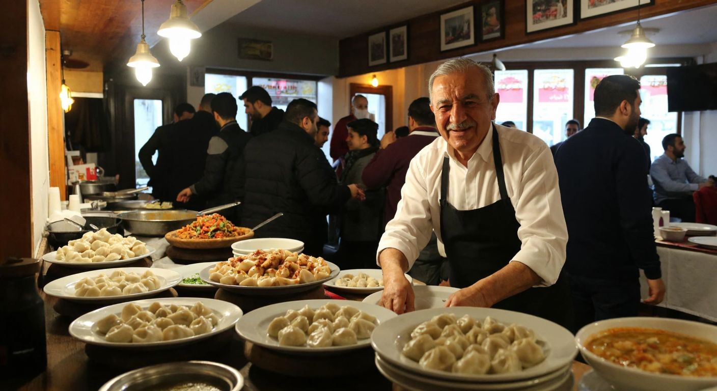 A warm, bustling Turkish manti restaurant in Kadıköy, with an elderly man (Fevzi Esen) smiling proudly behind a counter, surrounded by steaming plates of dumplings and the lively chatter of customers.