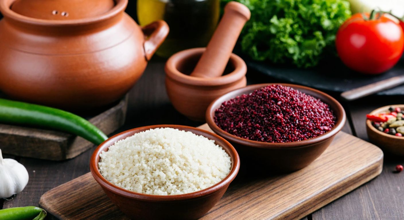 A rustic wooden table in a Turkish kitchen holds two small bowls—one filled with fluffy white quinoa and the other with deep red quinoa, surrounded by fresh vegetables, a mortar and pestle, and a steaming clay pot of pilaf.