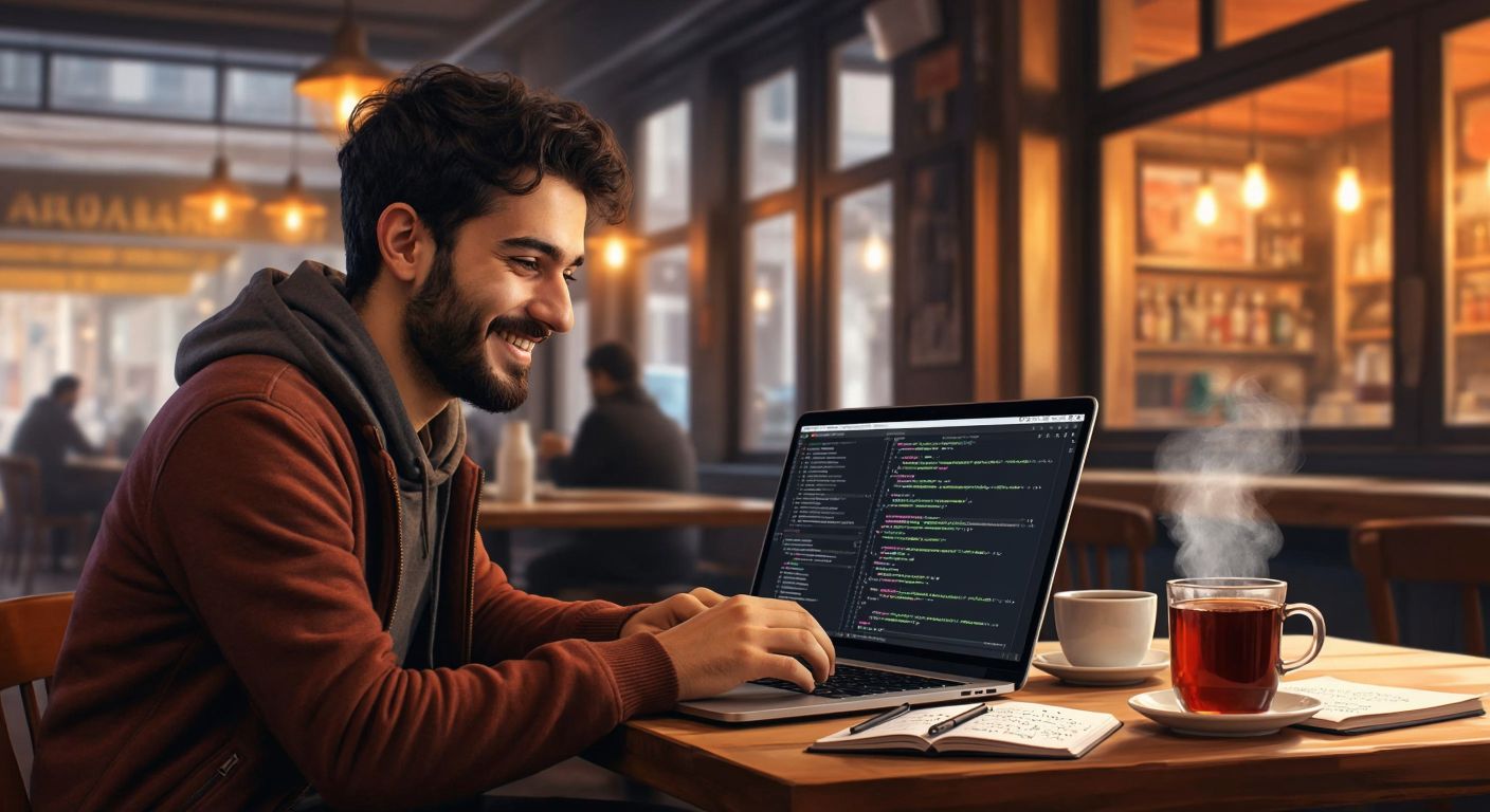 A Turkish programmer in a cozy café with a laptop, smiling while adjusting CSS code on the screen, with a steaming cup of Turkish tea beside them and a notebook filled with handwritten web design notes.