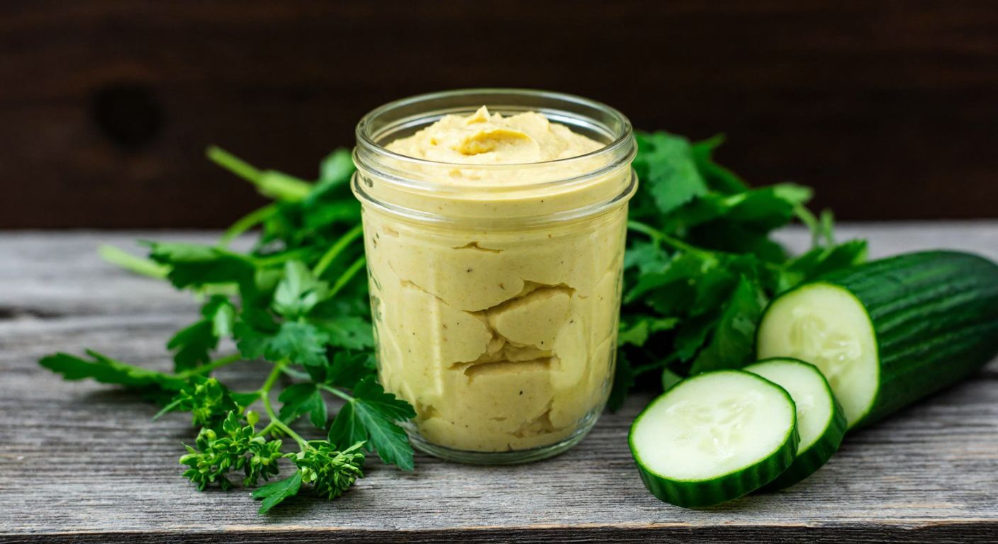 A glass jar filled with creamy, golden fermented cashew cheese sits on a rustic wooden table beside fresh herbs and sliced cucumbers, evoking health and natural flavors.