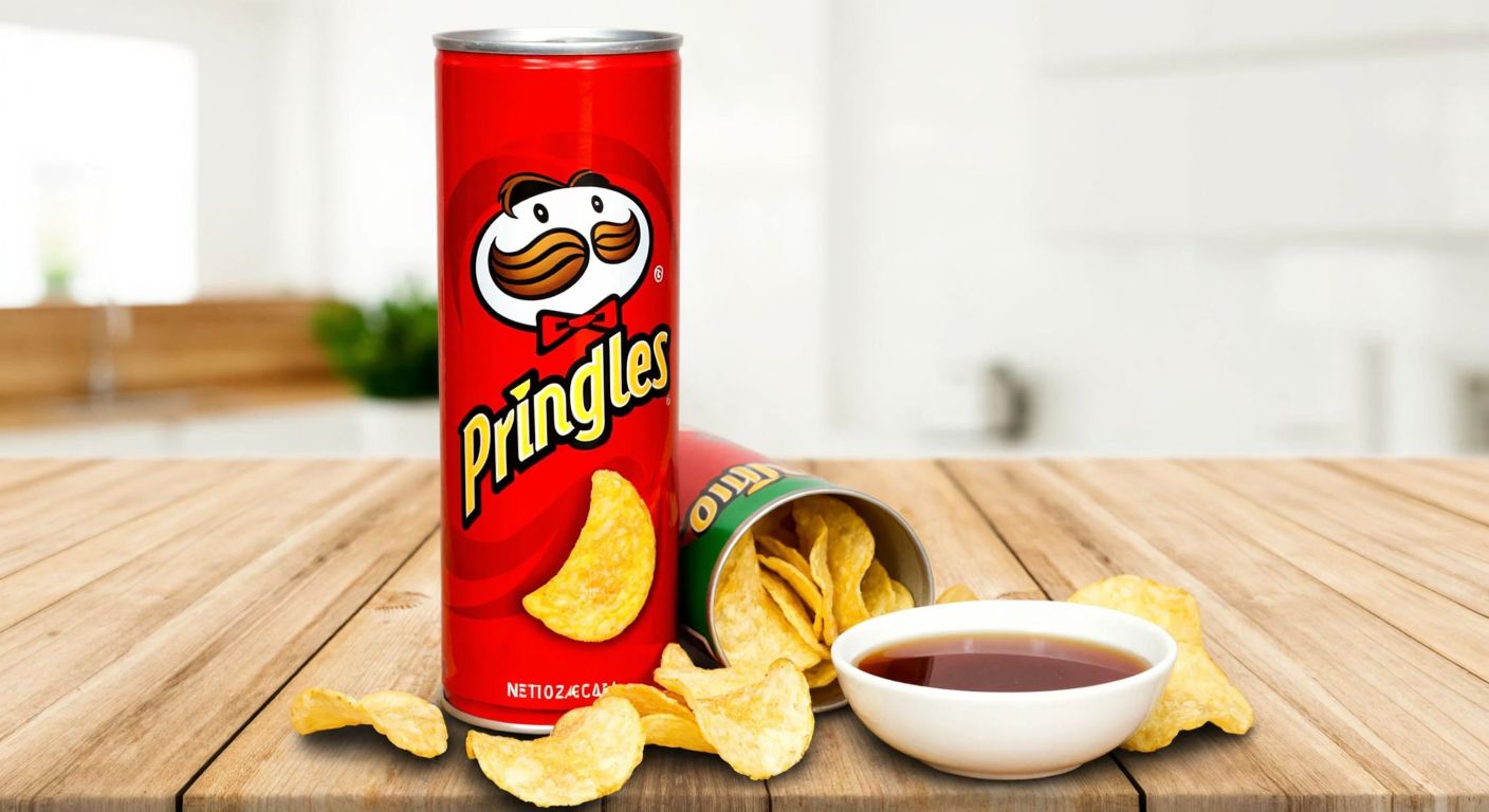 A vibrant red and yellow Pringles can with a Turkish flag sticker sits on a wooden table beside a small bowl of vinegar, with a few crisp chips scattered around, evoking a tangy, savory aroma.
