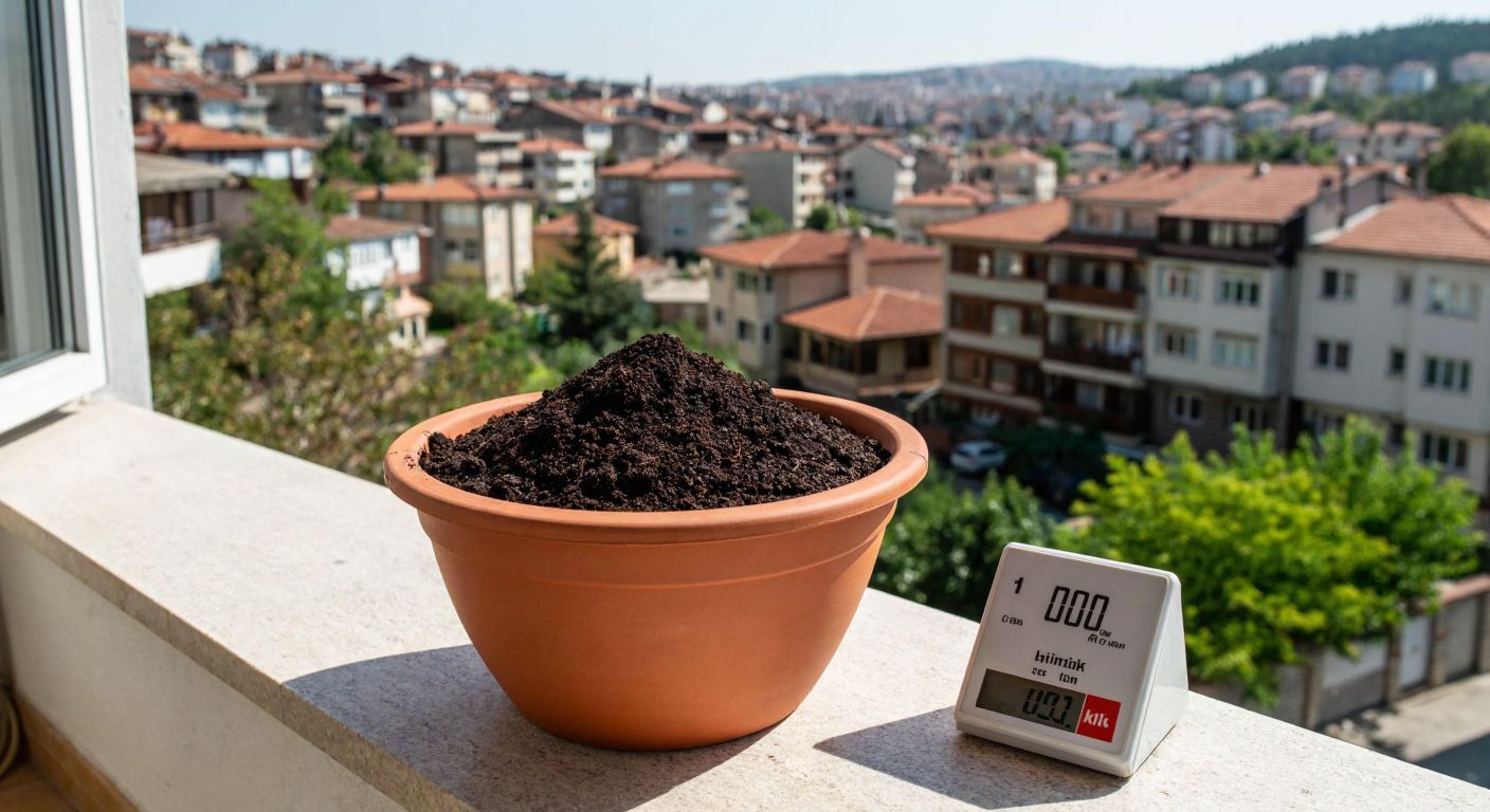 A sturdy terracotta pot filled with rich, dark soil, placed on a sunlit balcony overlooking a bustling Turkish neighborhood, with a small scale beside it showing a weight of 1 kilogram.
