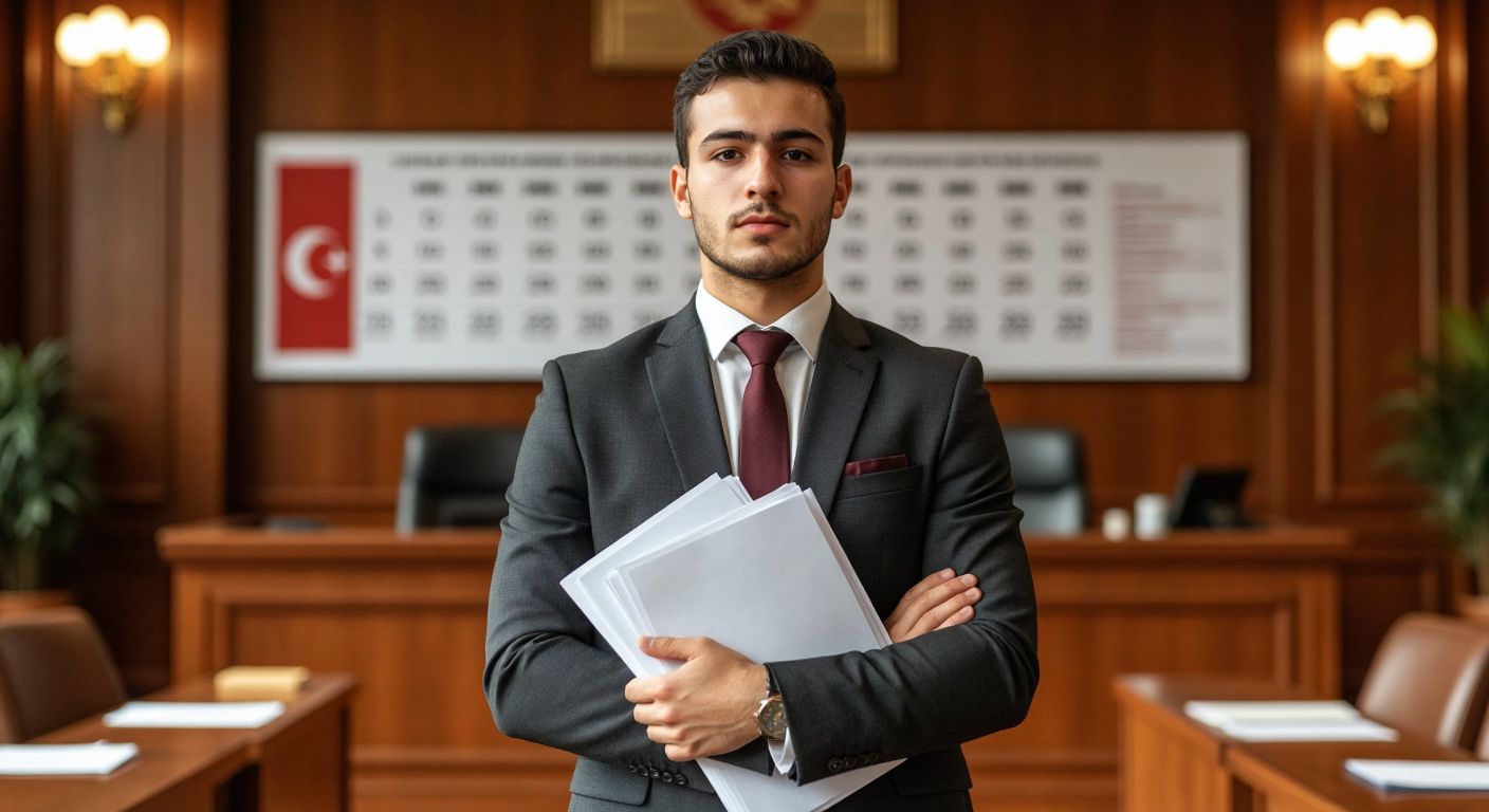A determined young professional in a formal suit stands confidently in a Turkish courthouse, holding a stack of legal documents, with a calendar subtly marked for two and eight years in the background.