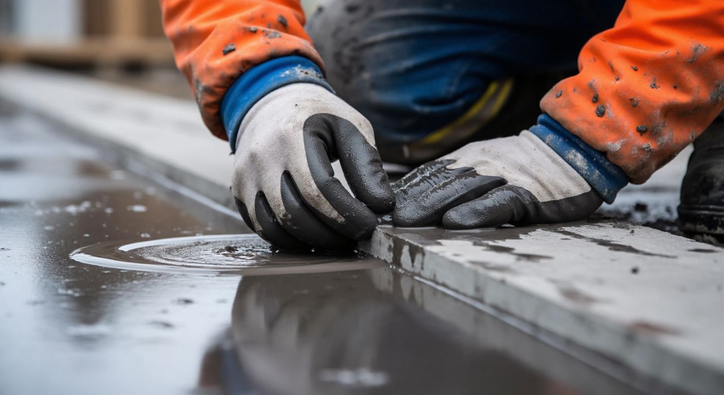 A close-up of a skilled Turkish construction worker carefully applying a thick, waterproof isolation tape to a damp concrete surface, with droplets of water beading up and rolling off the sealed area.
