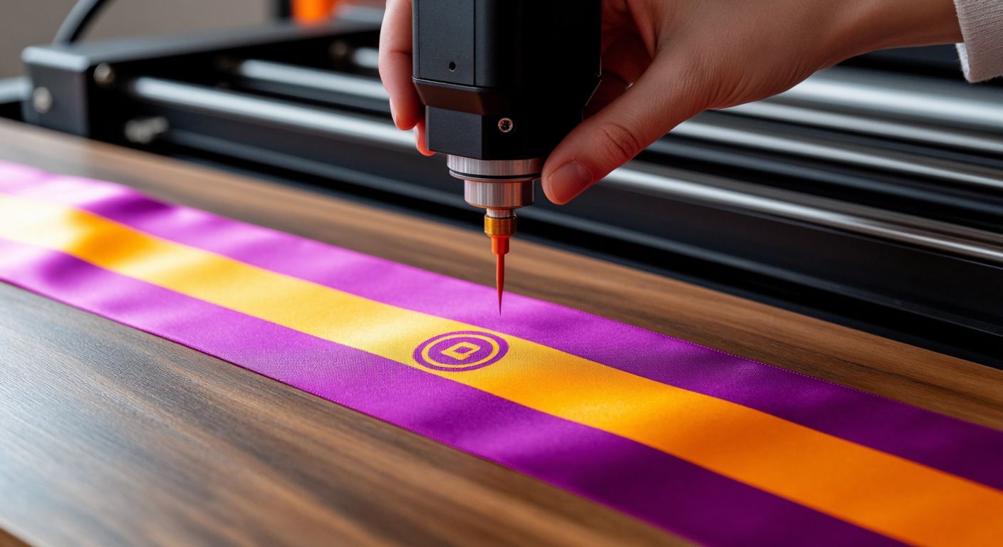 A smooth, glossy satin ribbon lies flat on a wooden table, with a vibrant logo freshly printed in bold colors, while a hand holds a fabric printer nozzle poised above it, ready to add more detail.