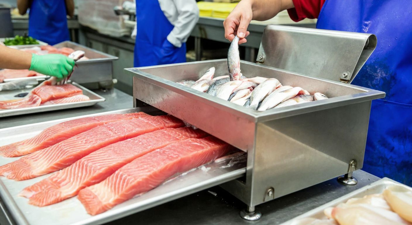 A stainless steel fish filleting machine with fresh, cleaned fish being fed into its hopper, while neatly sliced fillets emerge onto a tray in a bustling Turkish fish market.