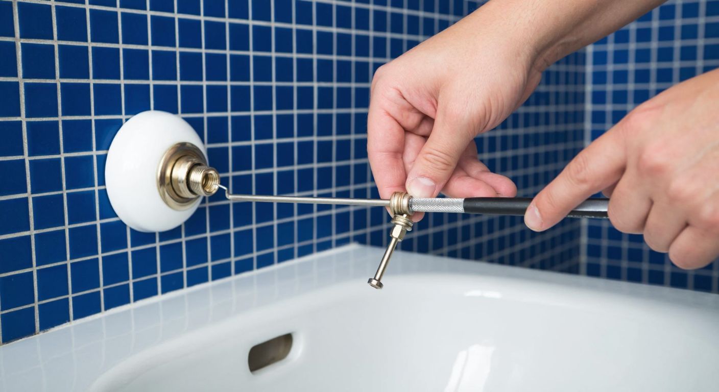 A close-up of a hand holding a screwdriver, carefully loosening a bolt on a porcelain toilet flush button in a Turkish-style bathroom with blue mosaic tiles.