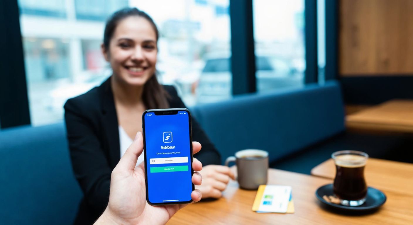 A young professional in Istanbul smiles while holding a smartphone displaying a sleek blue-and-white app interface, with a colorful prepaid card and a steaming cup of Turkish coffee on a wooden table beside them.