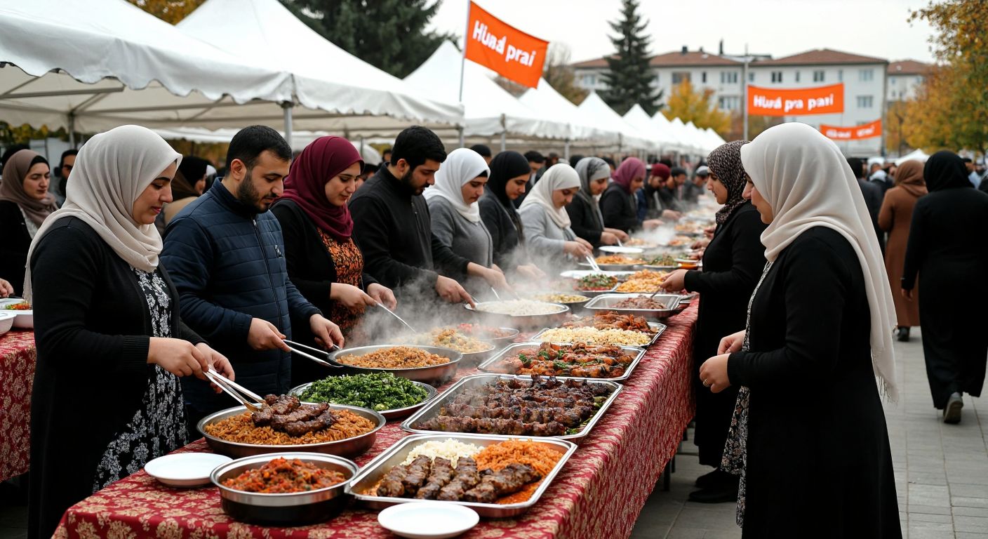 A bustling outdoor gathering in Bursa with long tables laden with steaming trays of traditional Turkish dishes like kebabs and pilaf, surrounded by diverse attendees in modest clothing, some serving food while others eat, under a large white tent with HÜDA PAR banners (without text) fluttering in the background.