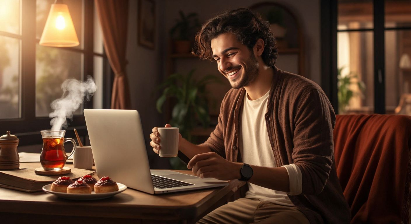 A Turkish freelancer in a cozy home office smiles while receiving a digital payment notification on their laptop, with a steaming cup of Turkish tea and a small plate of baklava beside them.