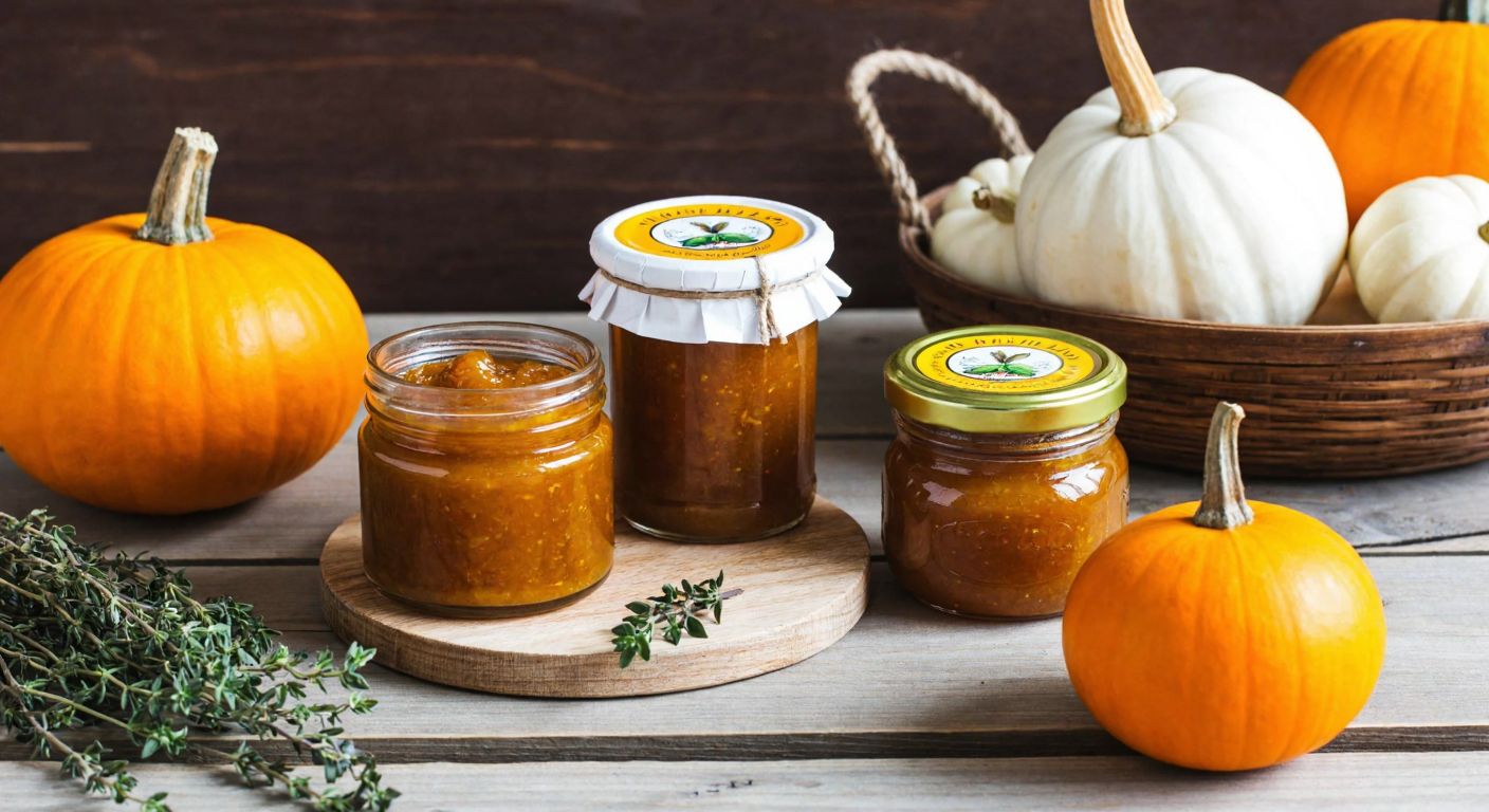 A rustic wooden table in Gaziantep with jars of golden Haylan pumpkin jam and fragrant thyme jam, surrounded by fresh pumpkins and sprigs of thyme, evoking warmth and tradition.