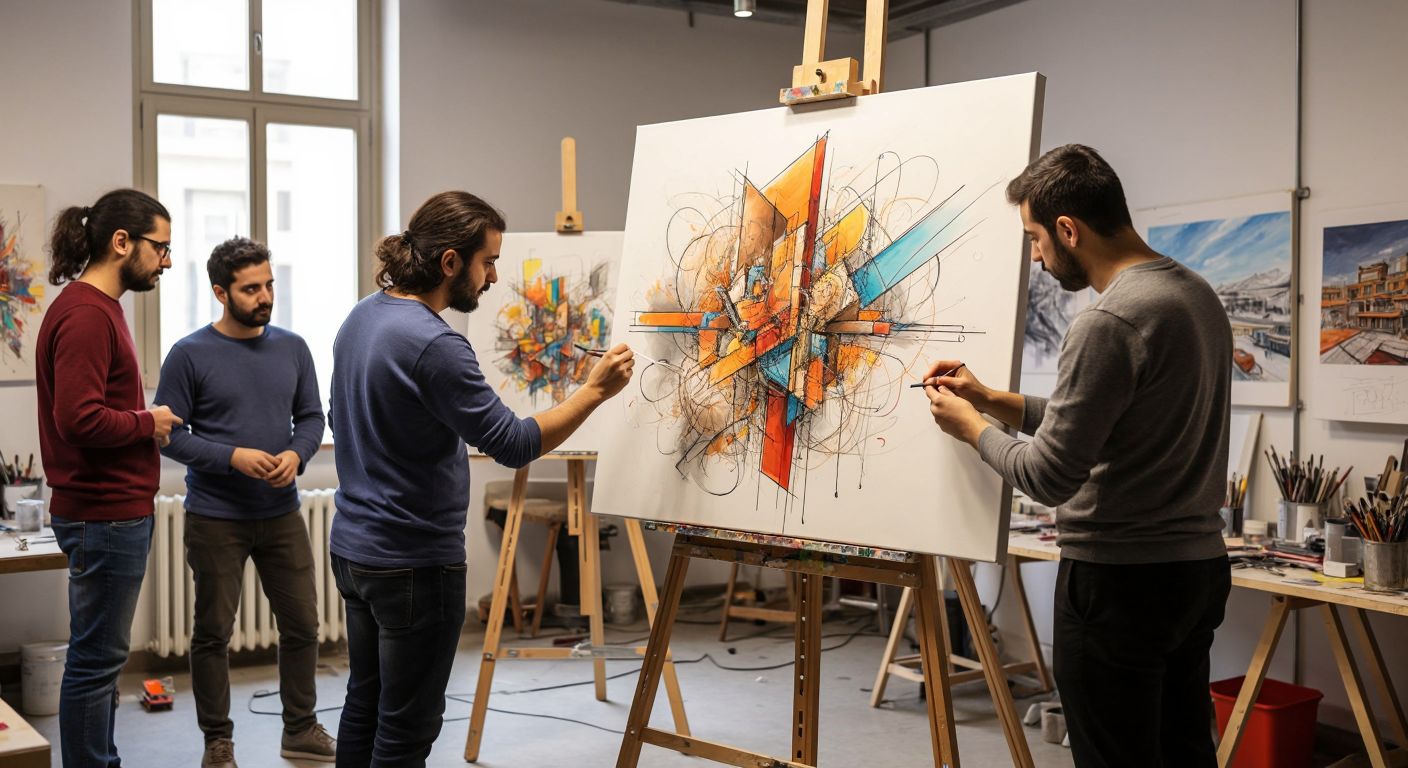 A Turkish artist sketching abstract ideas on a canvas (creativity) while a group of engineers nearby assembles a functional prototype from those sketches (innovation).