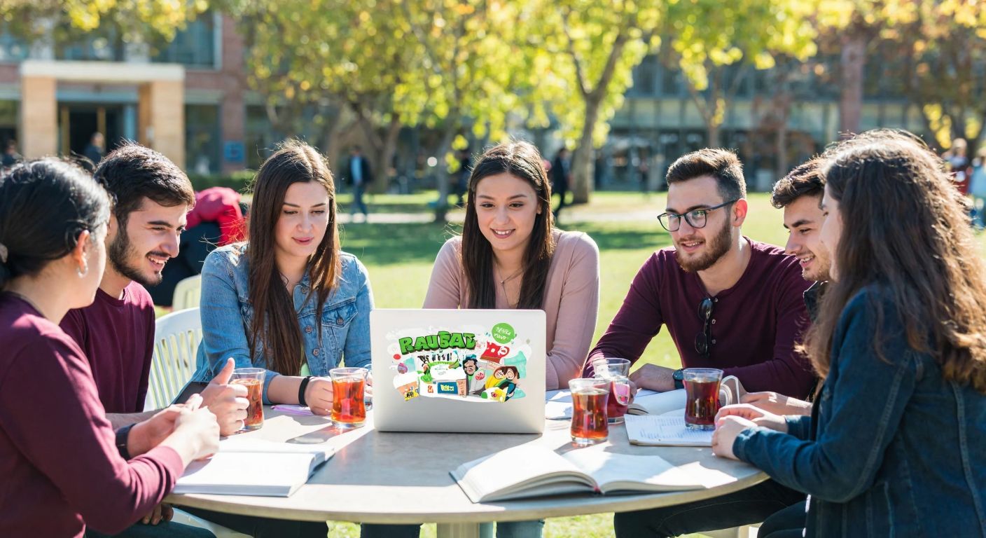 A diverse group of Turkish university students engaged in lively discussion around a laptop displaying colorful educational content, surrounded by open notebooks and steaming cups of çay in a sunlit campus courtyard.