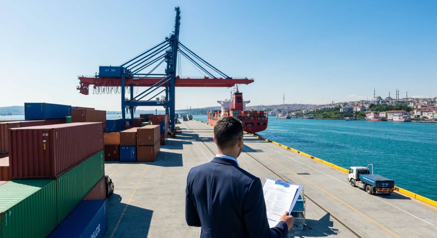 A bustling Istanbul port with cargo containers being unloaded from a ship, while a professional in a suit reviews documents nearby, overseeing the customs process with efficiency.