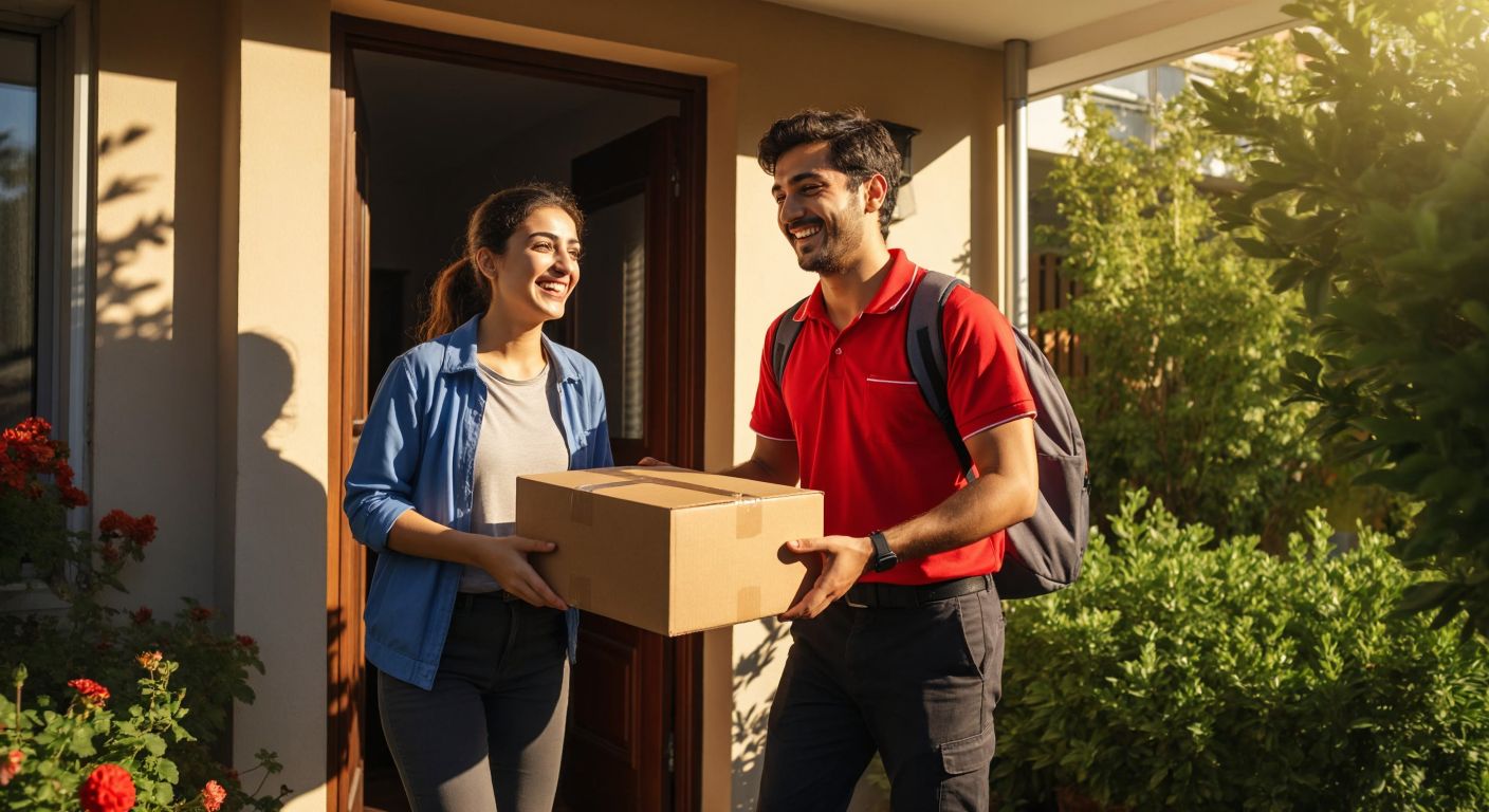A cheerful Turkish courier in a bright uniform swiftly delivers a package to a smiling customer at their doorstep in the late afternoon sunlight.